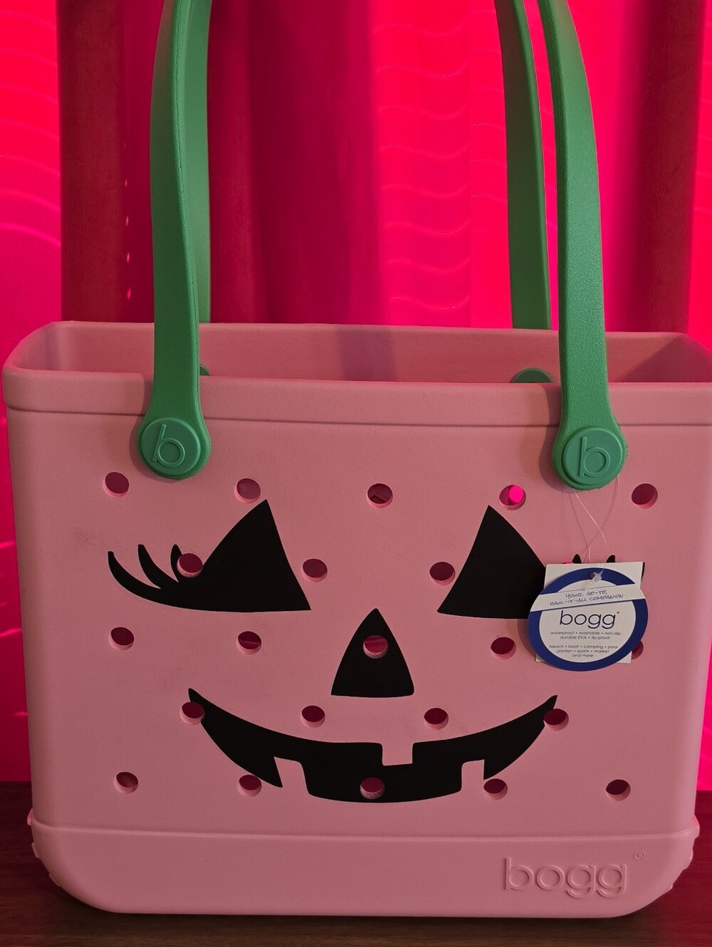 15" Bogg Bag Pink Jack-O-Lantern Pink Pumpkin Tote with Green Handles Medium NWT